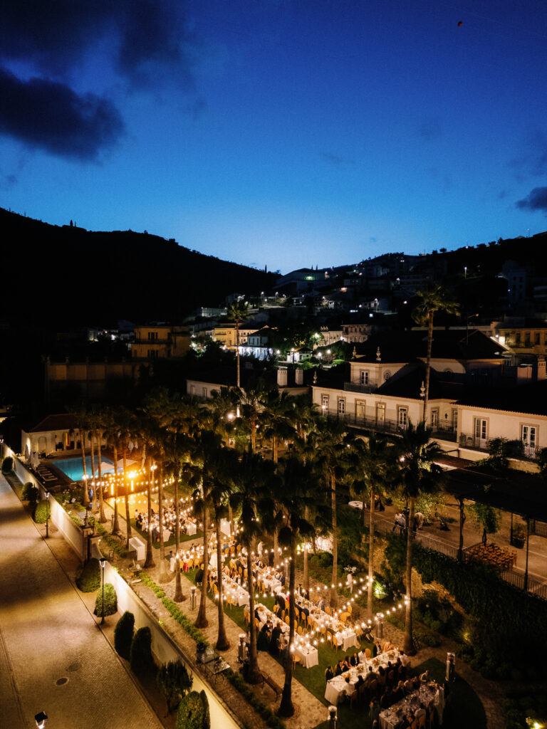 Vintage House Drone View of weding dinner at night