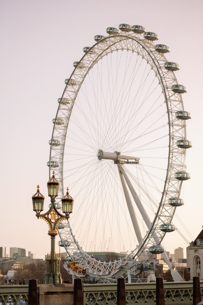 London Eye at dusk beside the Thames, a well known London wedding location