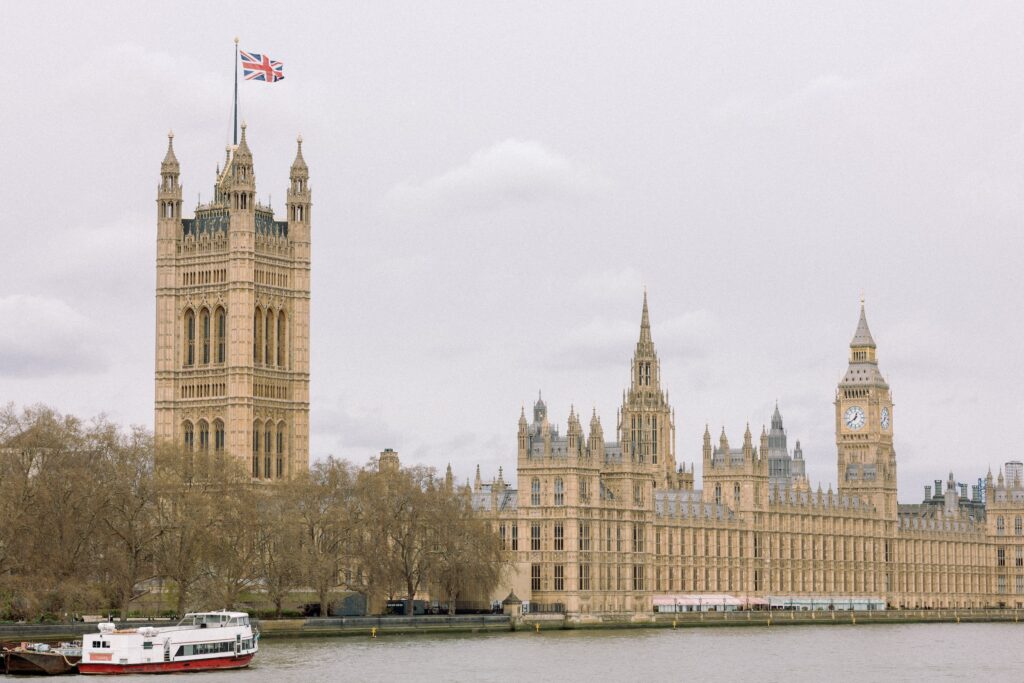 Houses of Parliament and Victoria Tower seen across the River Thames, Westminster