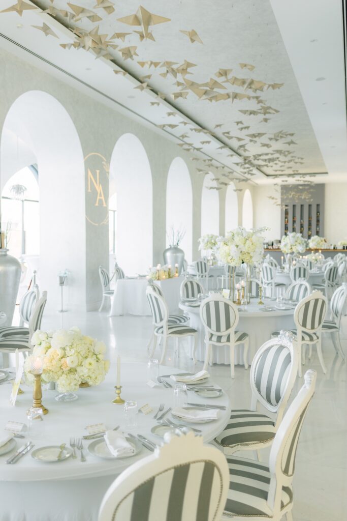 Reception room set with round tables, striped chairs and white florals for a large South Asian wedding