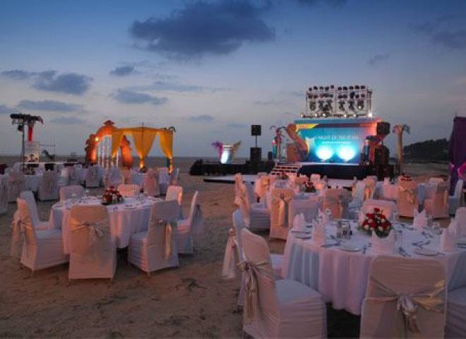 Wedding breakfast setup on the beach at The Zuri White Sands, Goa Resort and Casino